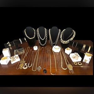 Vintage to Now Gold Tone Jewelry Lot Monet Napier Avon + Most Signed 40+ Pieces
